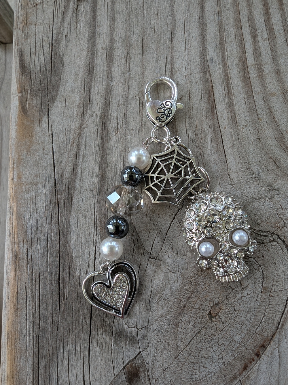 Silver Crystal Skull & Heart Bag Charm Keychain